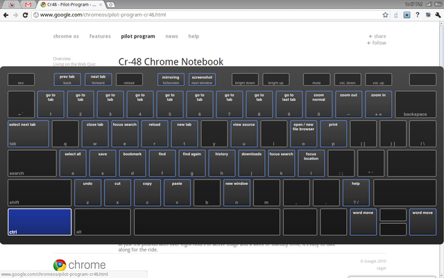 Google Cr-48 keyboard shortcut help screen