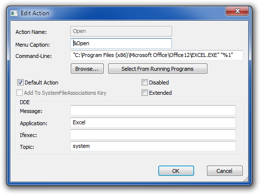 FileTypes dialog for XLS