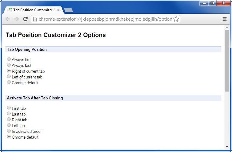 Tab Position Customizer 2 extension for Chrome