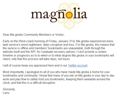 Magnolia's note about being down